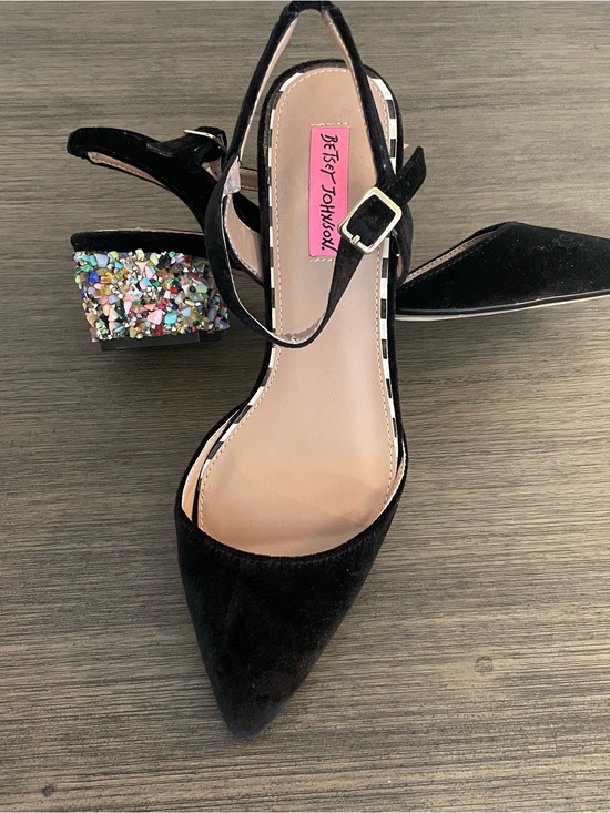 Betsey Johnson Shoes - Betsey Johnson Lena Black Velvet Ankle Strap Pumps Glitter Block Heel Size 9